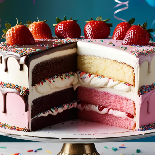 A vibrant slice of a three-layer cake reveals chocolate, vanilla, and strawberry layers with frosting, sprinkles, and strawberries. Festive balloons in the background.