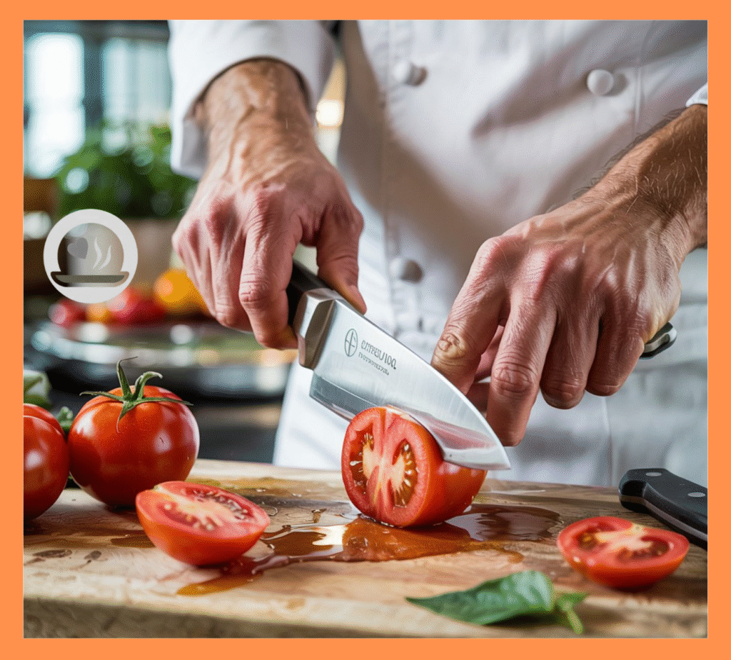 A professional chef using a sharp knife to slice a tomato with precision, showing the ‘claw grip’ hand position, while a dull knife lies nearby with a squished tomato and juice splattered around, bright kitchen setting