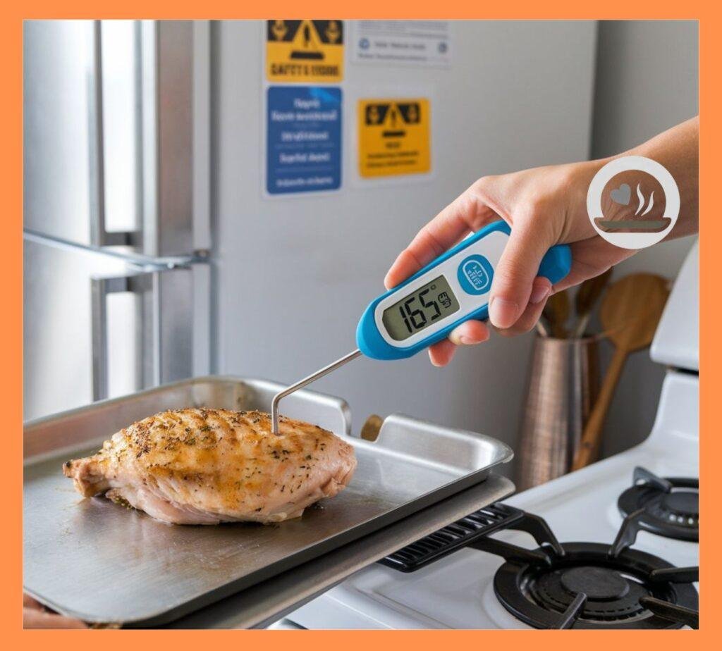 Hand using an instant-read meat thermometer on a cooked chicken breast, digital display showing 165°F, fridge and stove in the background, kitchen safety labels