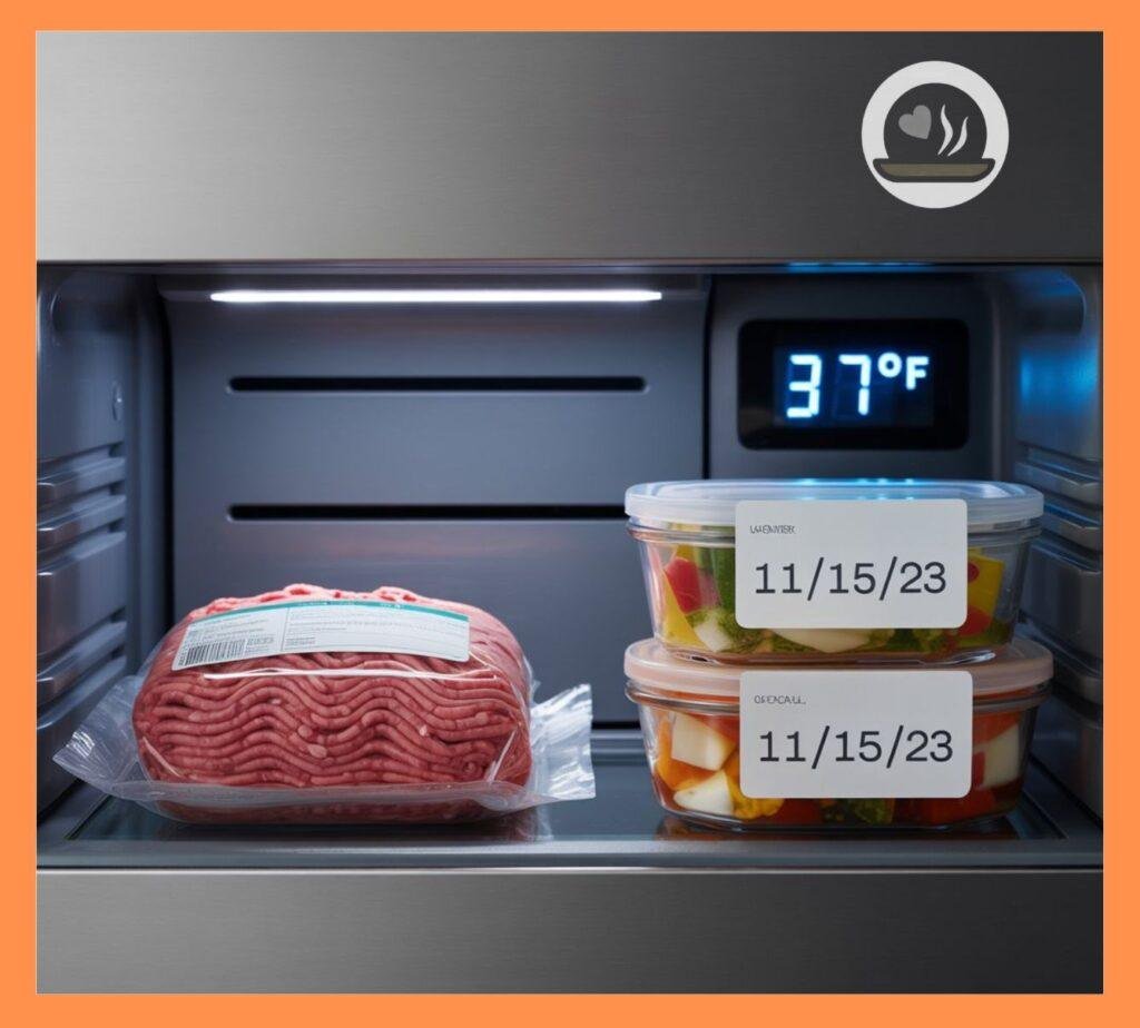 Inside view of a refrigerator: raw meat stored on bottom shelf, leftovers labeled with dates, clear air circulation around items, labeled temperature display (37°F)