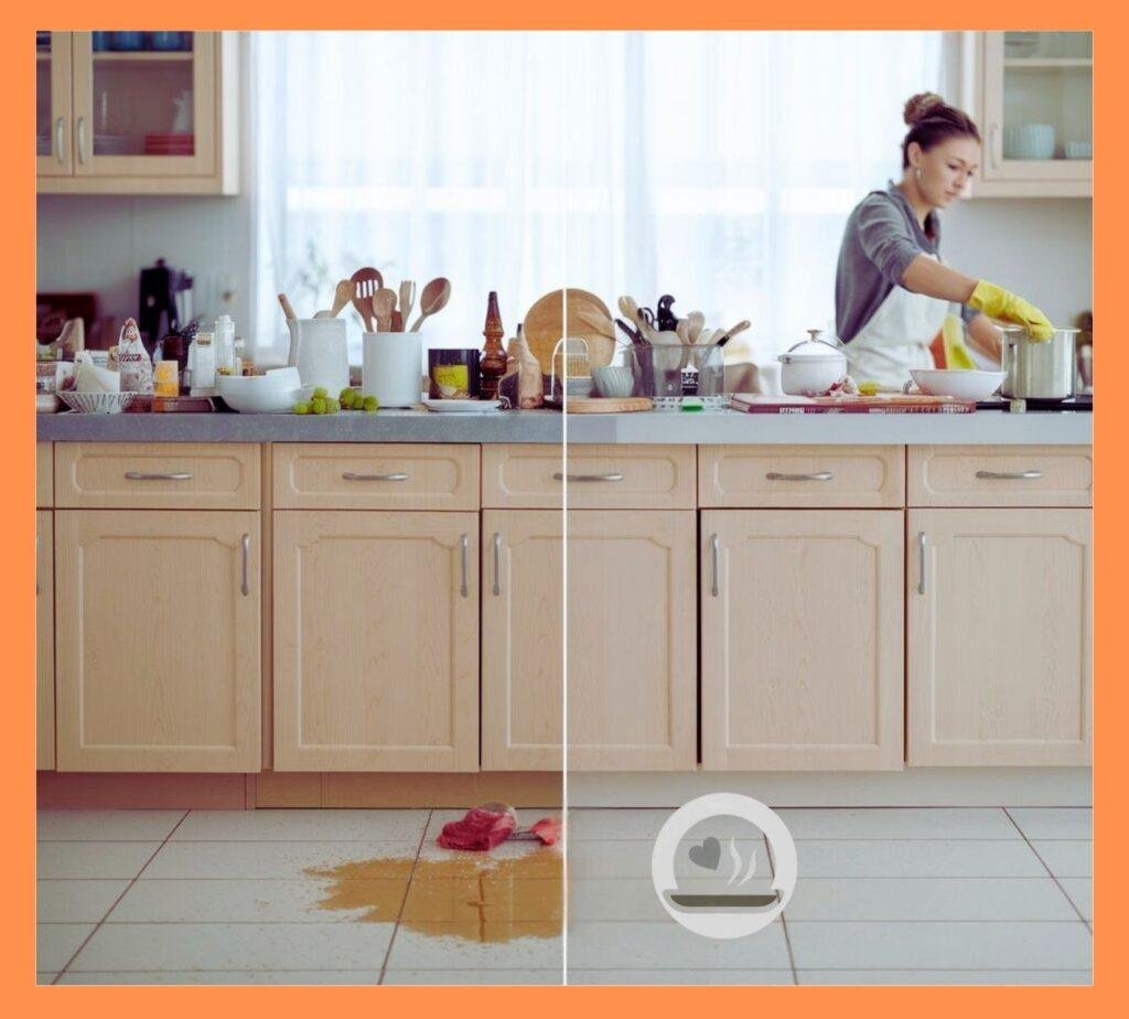 Organized kitchen counter with someone wiping a spill on the floor, utensils and ingredients neatly put away, contrasting messy vs clean zones side-by-side