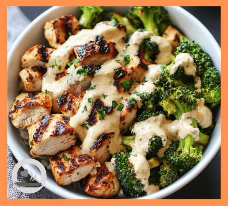 Grilled Chicken & Broccoli Bowls with Creamy Garlic Sauce