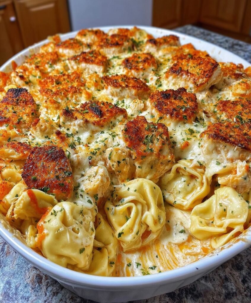 Cheesy Garlic Parmesan Chicken Tortellini Bake