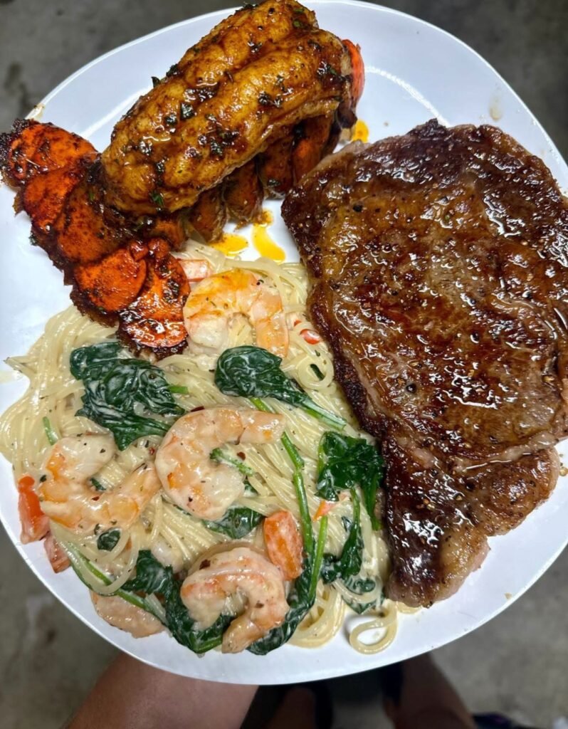 Ribeye & Lobster with Creamy Shrimp Spinach Angel Hair