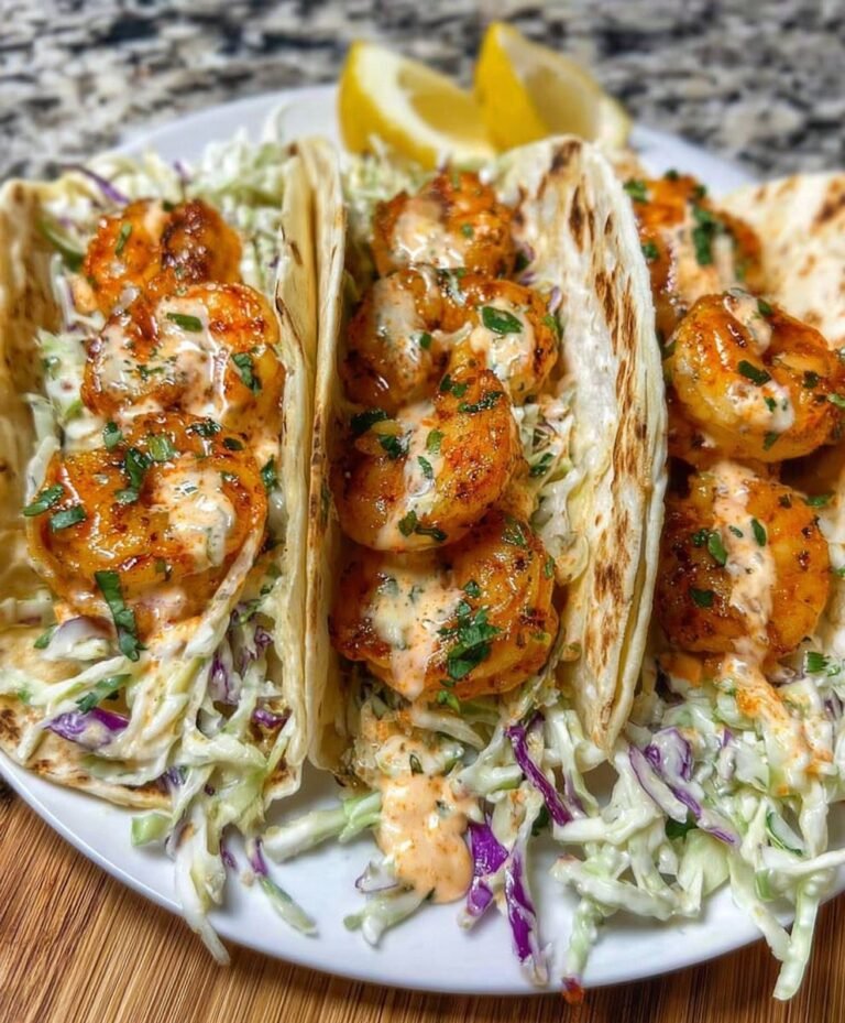 Creamy Garlic Butter Shrimp Tacos with Crunchy Cilantro Slaw