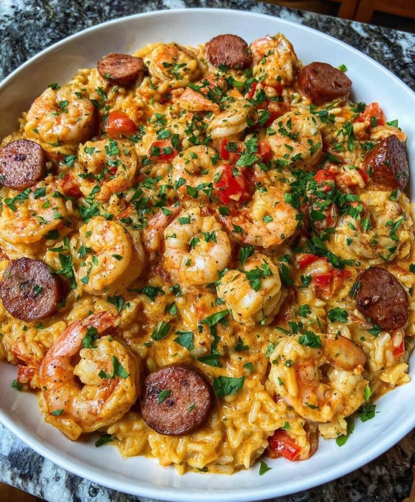 Creamy Cajun Shrimp & Smoked Sausage Rice Skillet