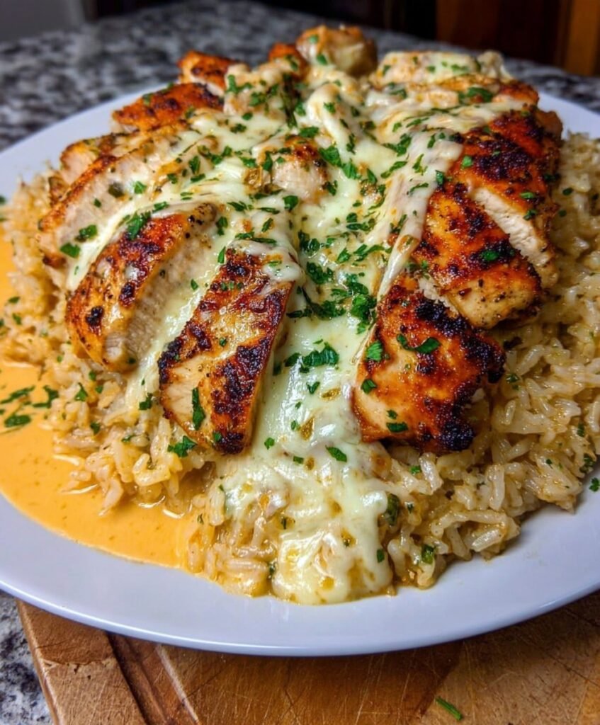Creamy Garlic Parmesan Chicken & Rice with Melted Mozzarella