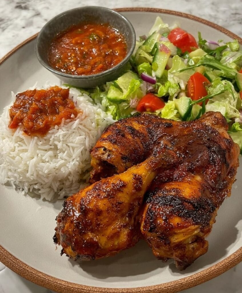 Smoky Glazed Roasted Chicken with White Rice, Tomato-Pepper Sauce & Fresh Garden Salad