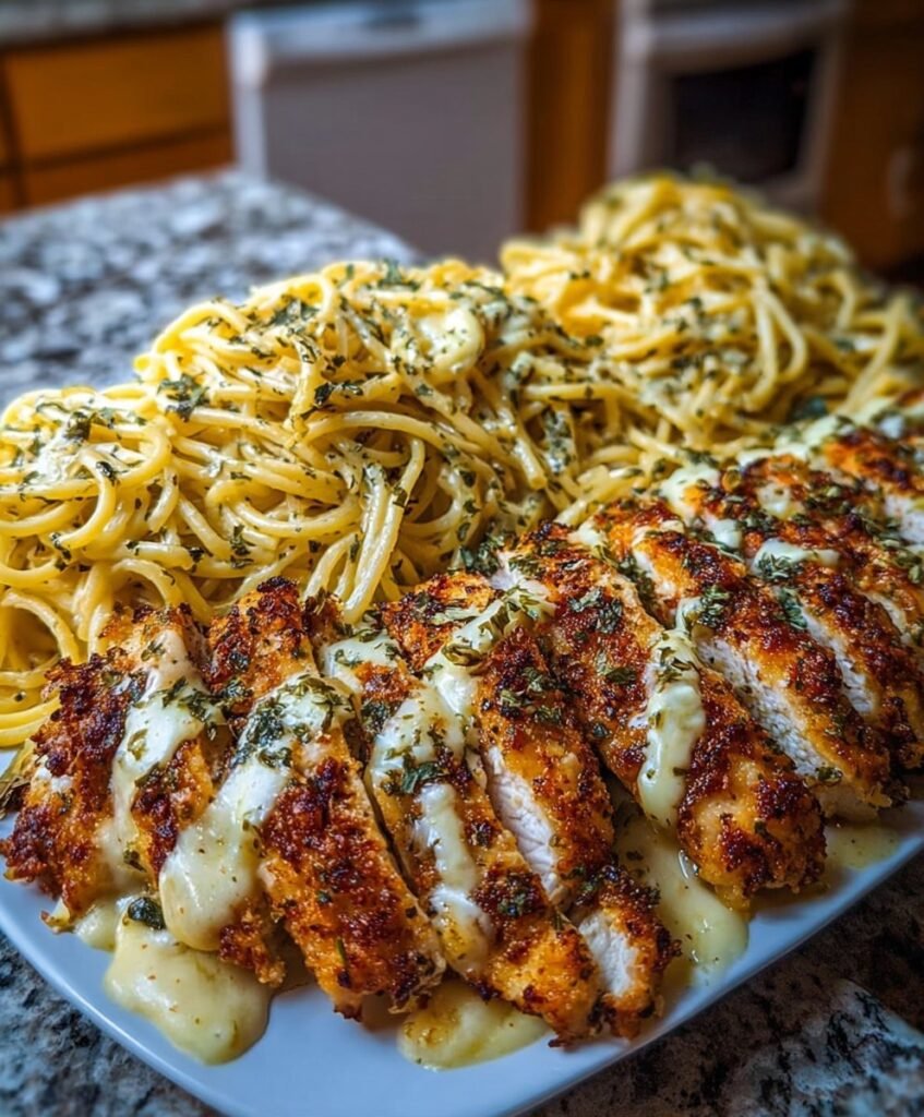 Crispy Garlic Parmesan Chicken with Creamy Cheesy Spaghetti