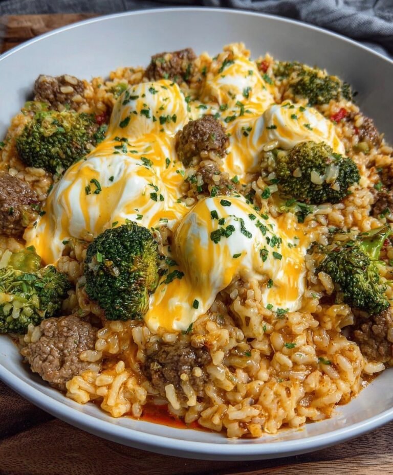 Cheesy Beef, Broccoli & Rice Skillet with Creamy Melted Cheese