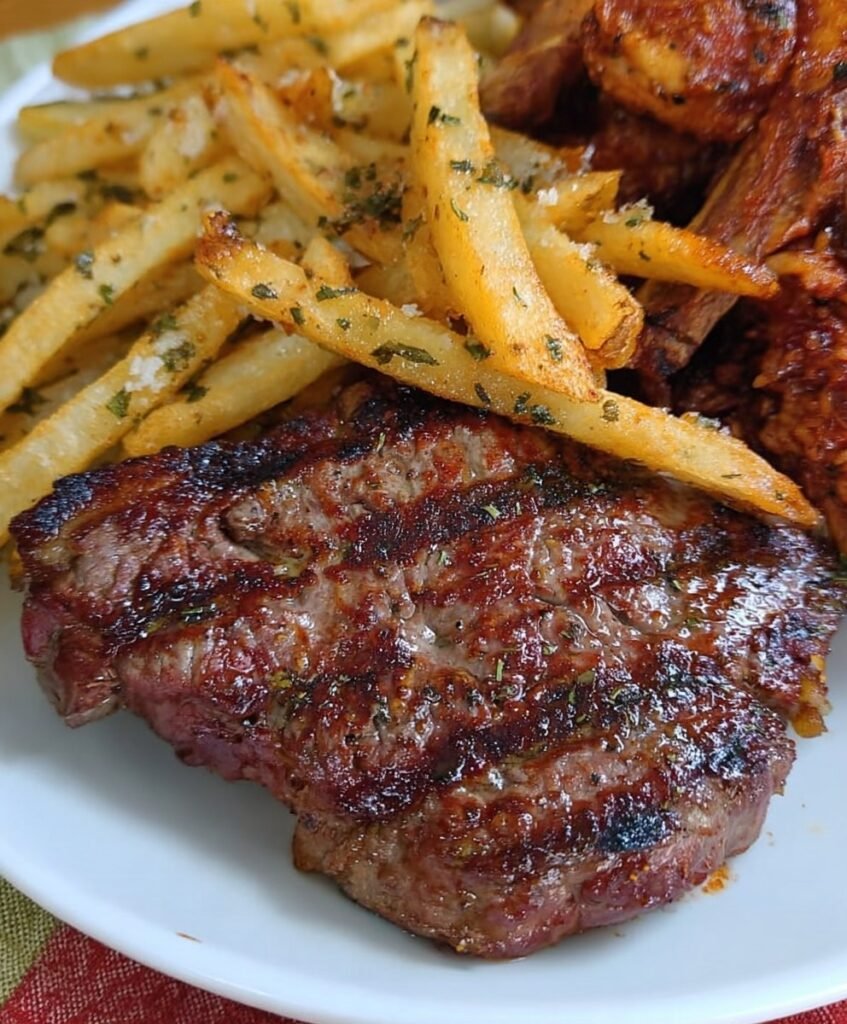 Smoky Grilled Steak with Crispy Garlic Herb French Fries