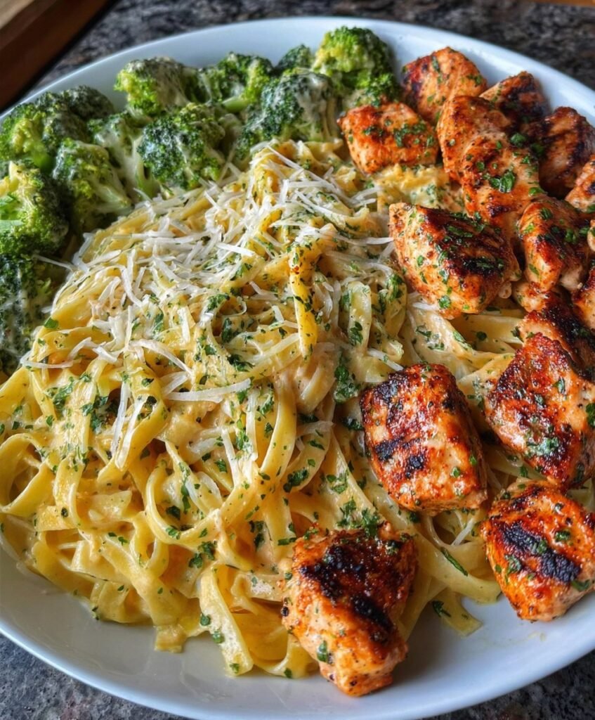 Creamy Garlic Parmesan Fettuccine with Cajun Chicken Bites & Broccoli