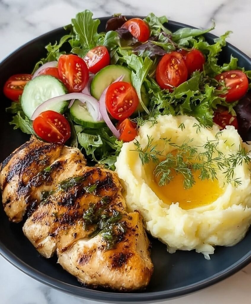 Garlic Herb Grilled Chicken with Buttery Mashed Potatoes & Fresh Garden Salad