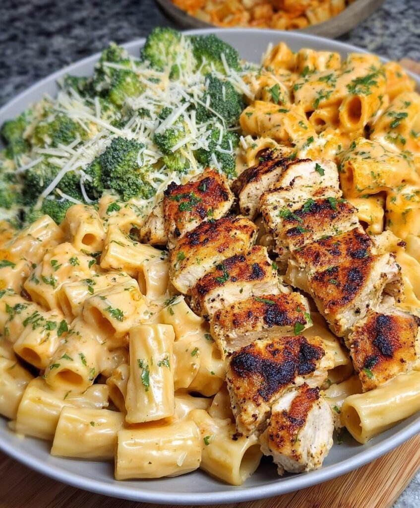 Creamy Garlic Parmesan Chicken Rigatoni with Cheesy Broccoli
