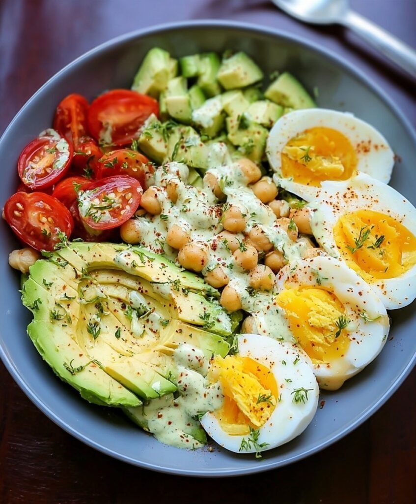 Protein-Packed Avocado, Egg & Chickpea Salad with Creamy Herb Dressing