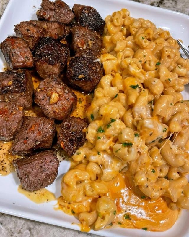 Garlic Butter Steak Bites with Creamy Three-Cheese Macaroni