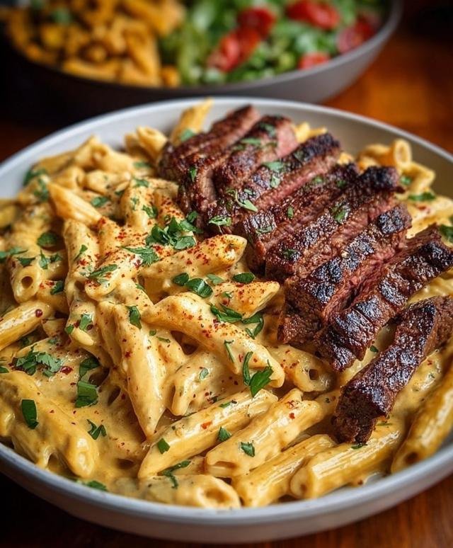 Creamy Garlic Parmesan Steak Penne Pasta with Cajun Seasoning