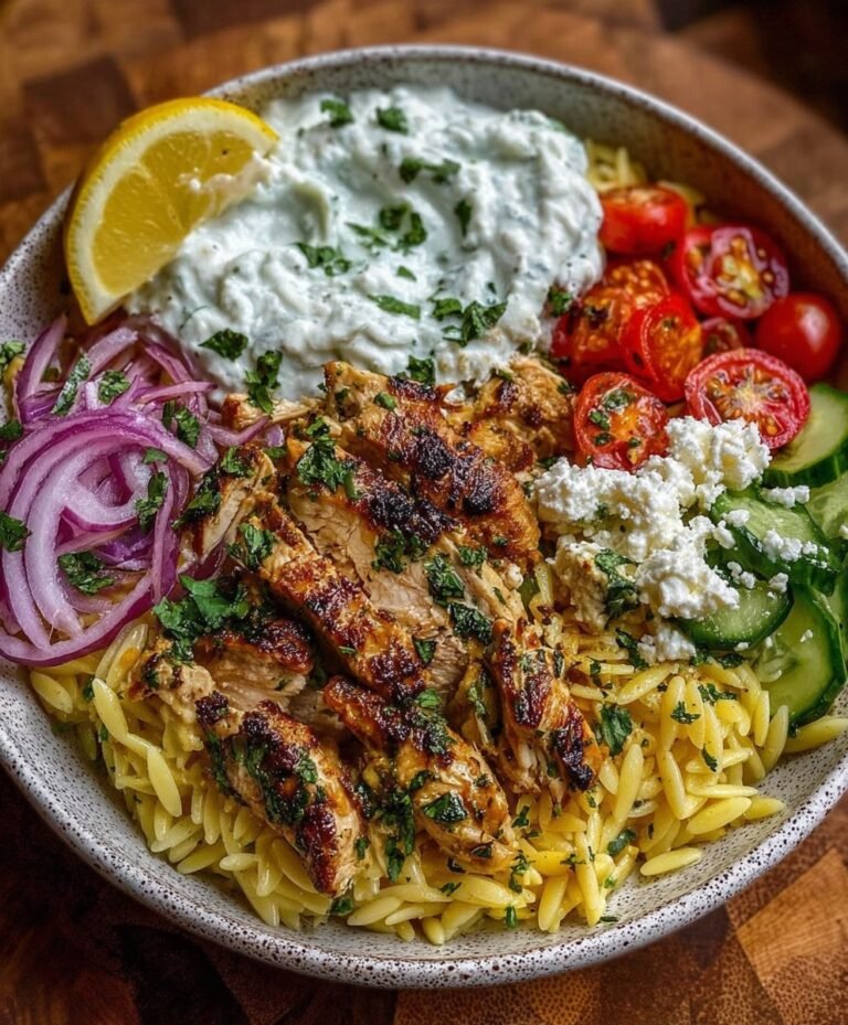 Greek Lemon Herb Chicken Orzo Bowl with Tzatziki, Cucumber, Tomato & Feta