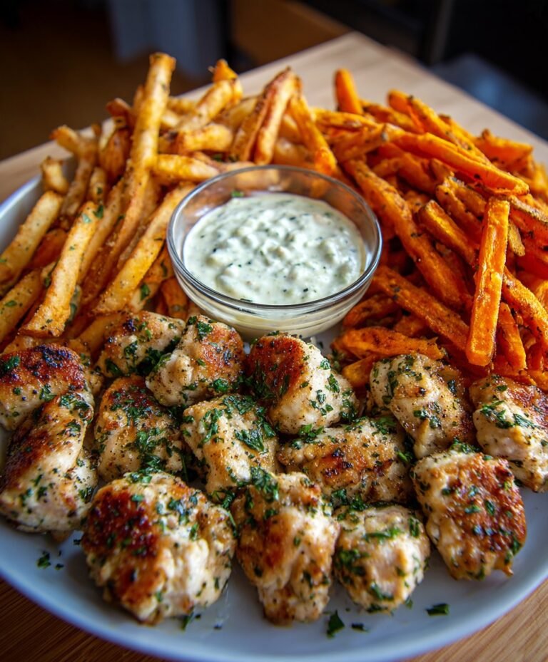 Garlic Parmesan Chicken Bites with Crispy Potato & Sweet Potato Fries