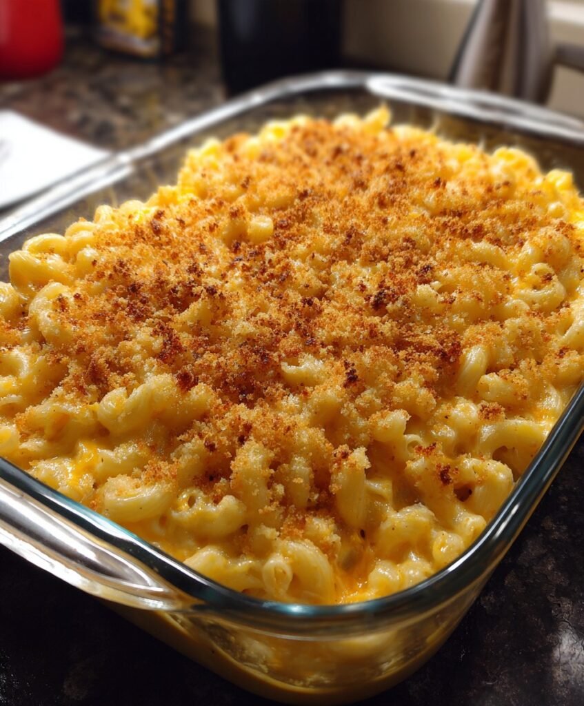 Creamy Baked Three-Cheese Mac and Cheese with Crispy Golden Breadcrumb Topping