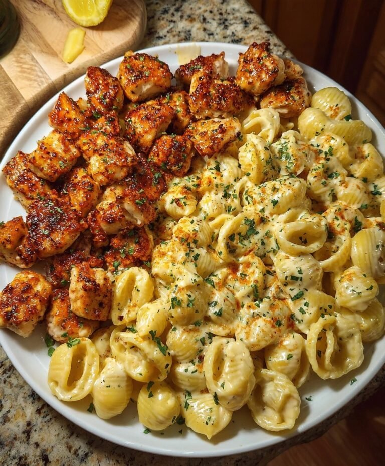Creamy Garlic Parmesan Shells with Juicy Cajun Chicken Bites
