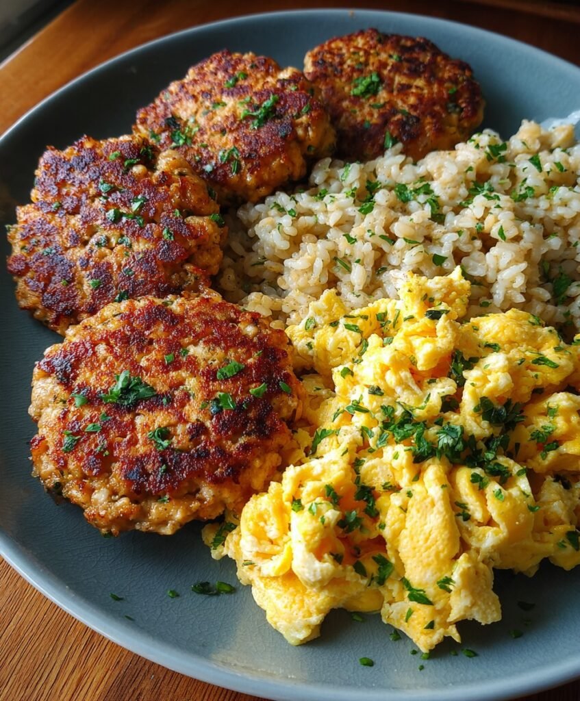 Crispy Golden Chicken Patties with Garlic Herb Rice & Fluffy Scrambled Eggs