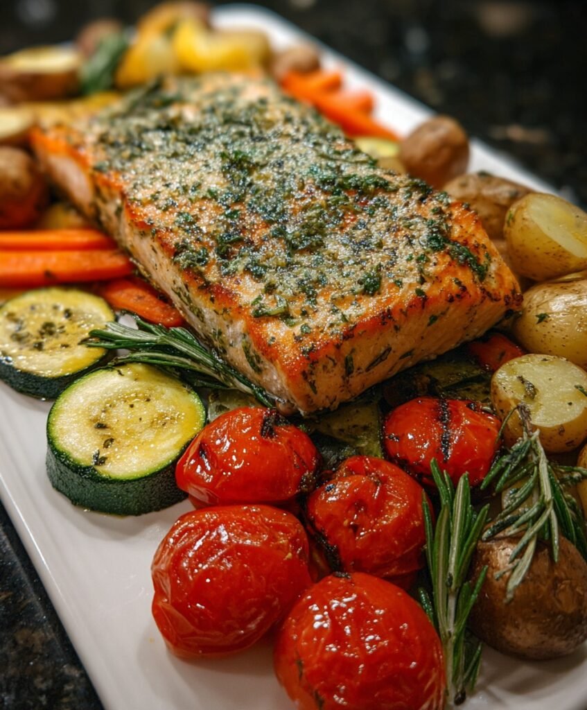 Garlic Herb Salmon with Roasted Potatoes, Zucchini & Garden Vegetables