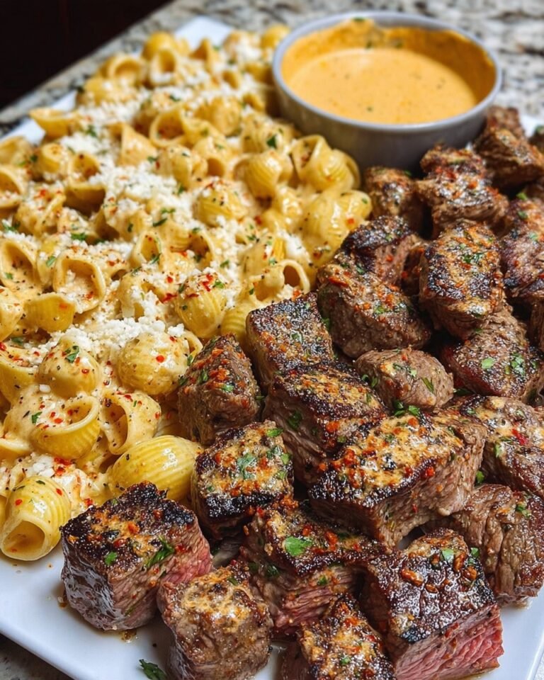 Garlic Butter Steak Bites with Creamy Cheesy Shell Pasta