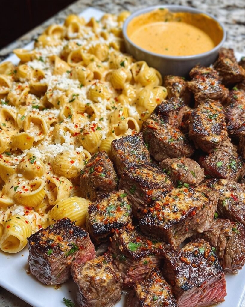 Garlic Butter Steak Bites with Creamy Cheesy Shell Pasta