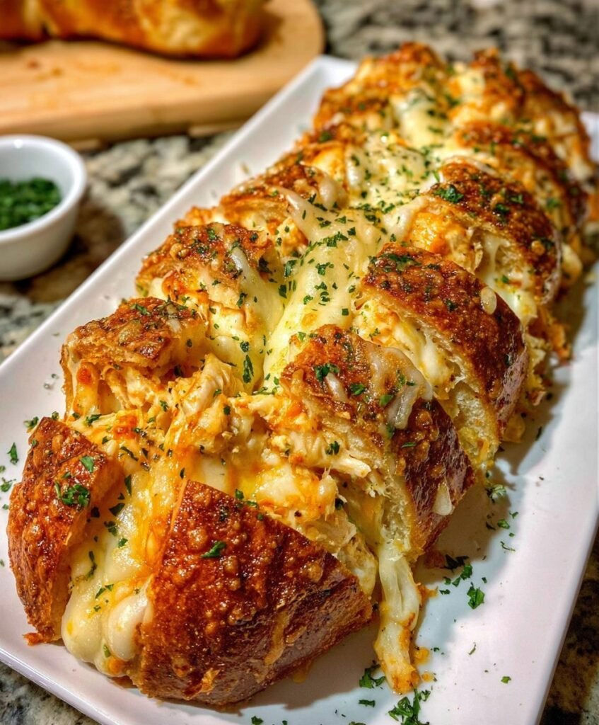 Cheesy Garlic Chicken Stuffed Bread Boats with Golden Herb Butter