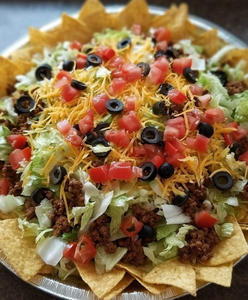 Loaded Beef Taco Salad with Crunchy Tortilla Chips, Cheddar, Tomatoes & Olives