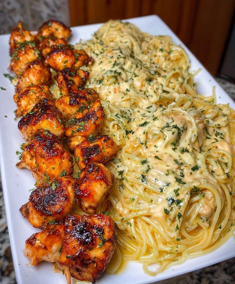Honey Garlic Chicken Bites with Creamy Parmesan Spaghetti