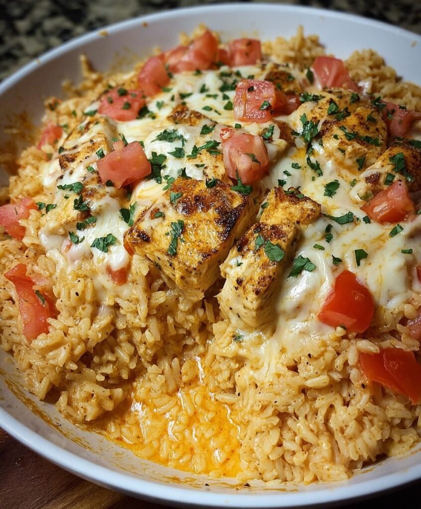 Creamy Cheesy Chicken and Rice Skillet with Tomatoes & Garlic