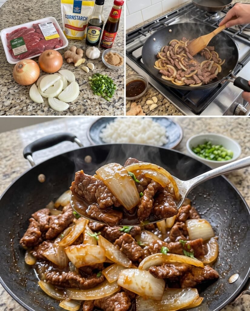 Beef and Onion Stir Fry Tender beef, caramelized onions, and a glossy savory sauce