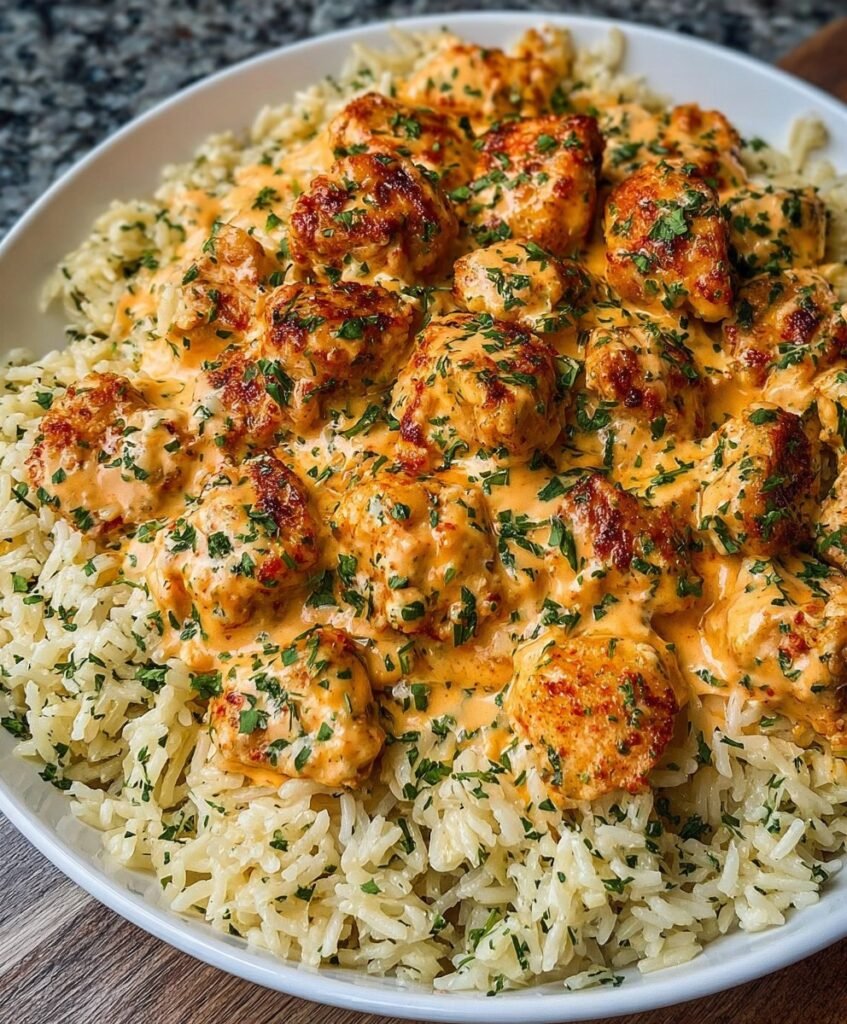 Creamy Garlic Parmesan Chicken Bites with Buttery Herb Rice